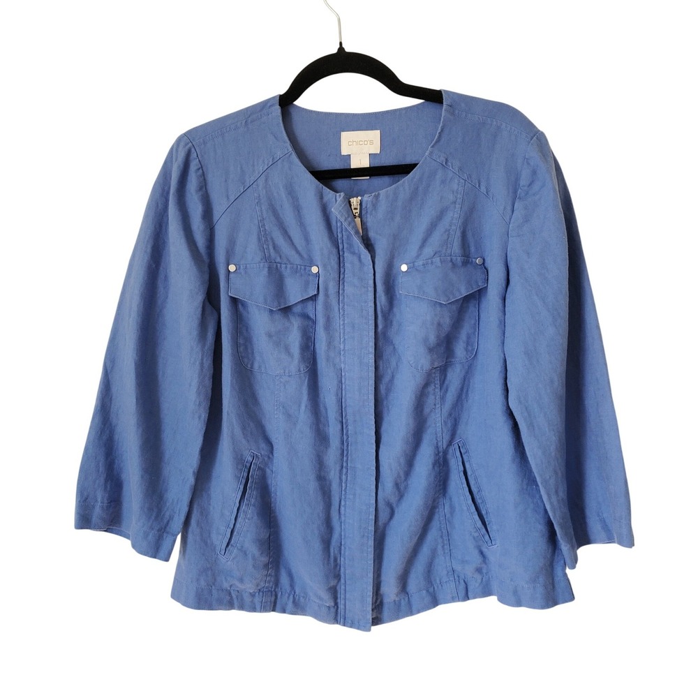 Chico's 1 Blue 100% Linen Jacket Collarless Zip Front 3/4 Sleeve Medium